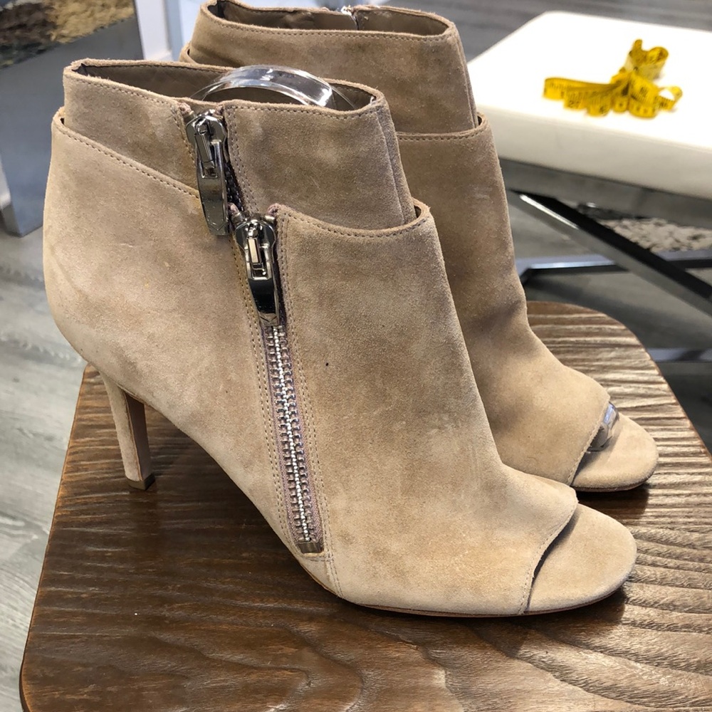 Via Spiga Tan Suede Peep-Toe Ankle Boots